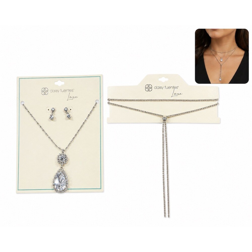 Daisy Fuentes Luxe Jewelry Set Silver Clear Crystal Pendant Studs Lariat formal